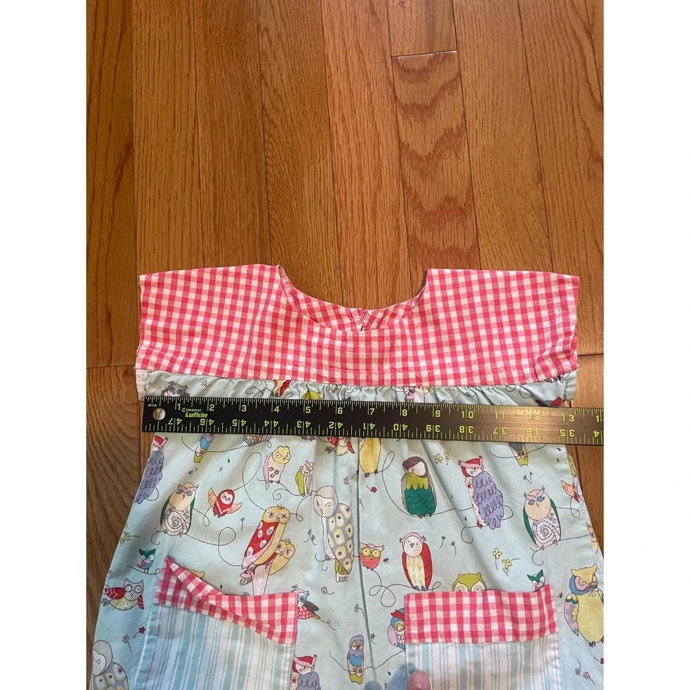 RedBeans Girls Owl Print Gingham Check Dress Blue Red 3T Short Sleeve Pockets